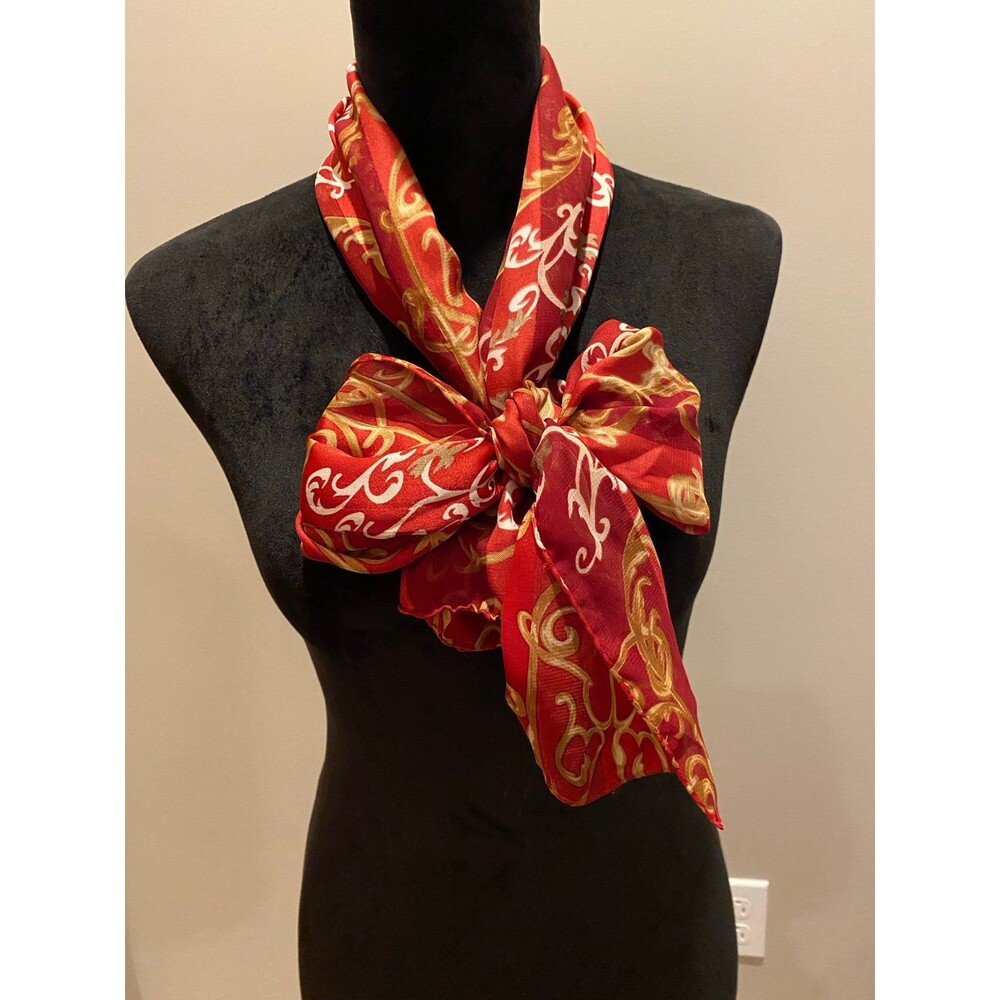 Liz Claiborne Scarf Holiday Red‎ Gold Silky Feel Long Flowy Versatile Christmas - Picture 4 of 9